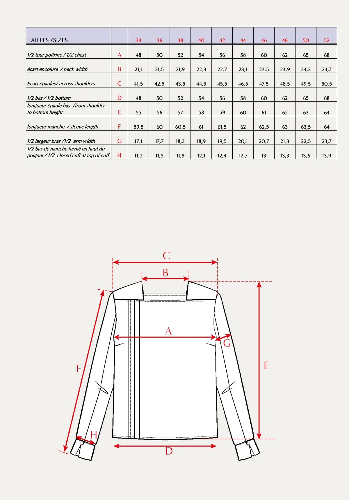 MaisonFauveDeferlanteBlouseSewingPatternSizeChart