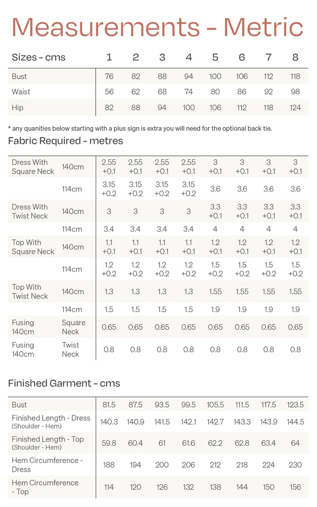 PapercutPatternsAaltoDress TopSewingPatternSizeChart