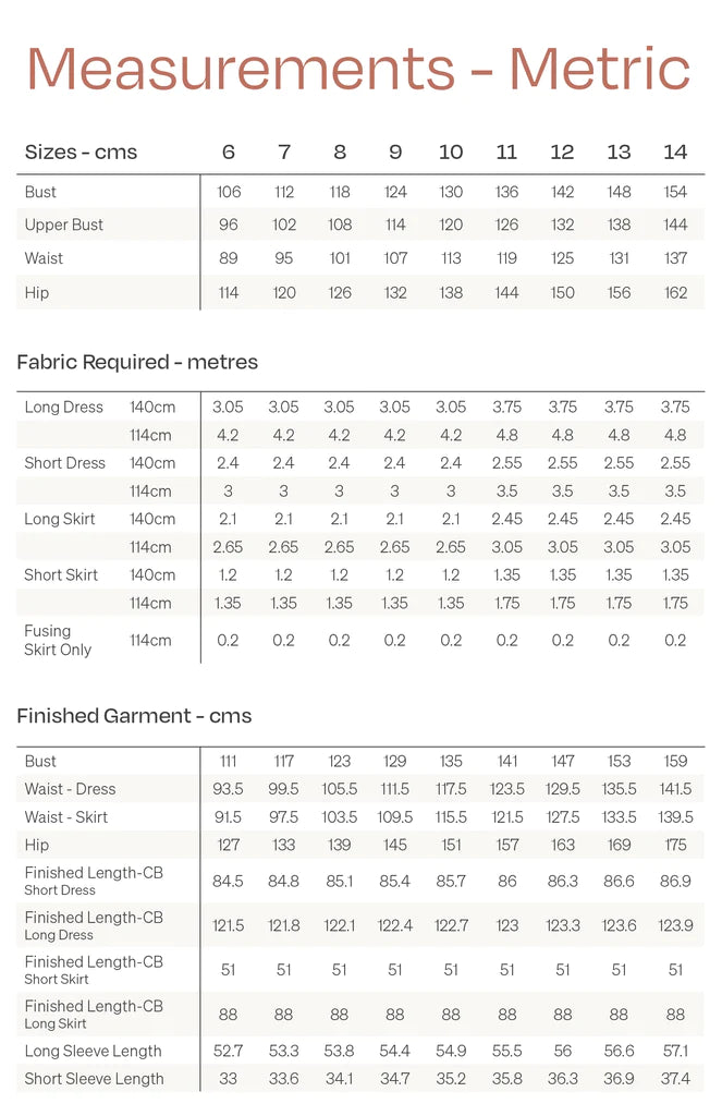 PapercutPatternsLuleeCurveDress SkirtSewingPatternSizeChart
