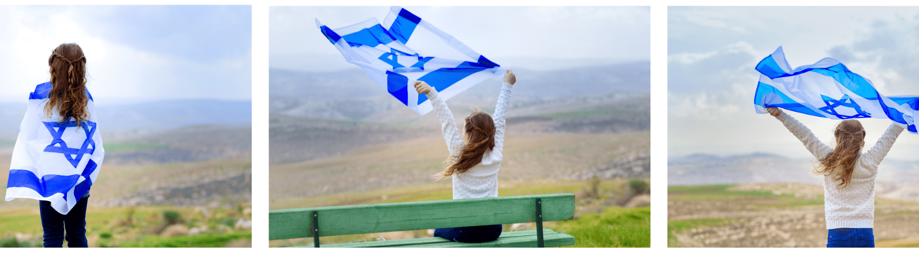 אוסף של שלוש תמונות של ילדה אשר אוחזת ומניפה את דגל ישראל