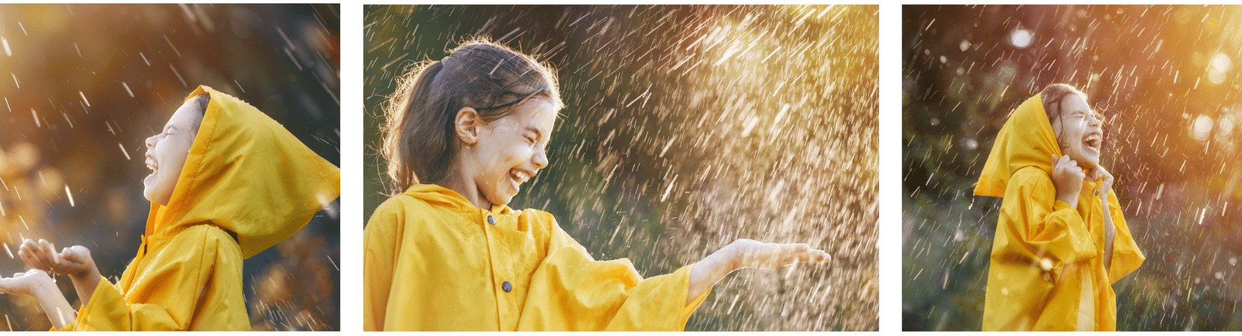 אוסף של שלוש תמונות של ילדה אשר לובשת חליפת סערה / חליפת גשם צהובה וצשחקת בגשם