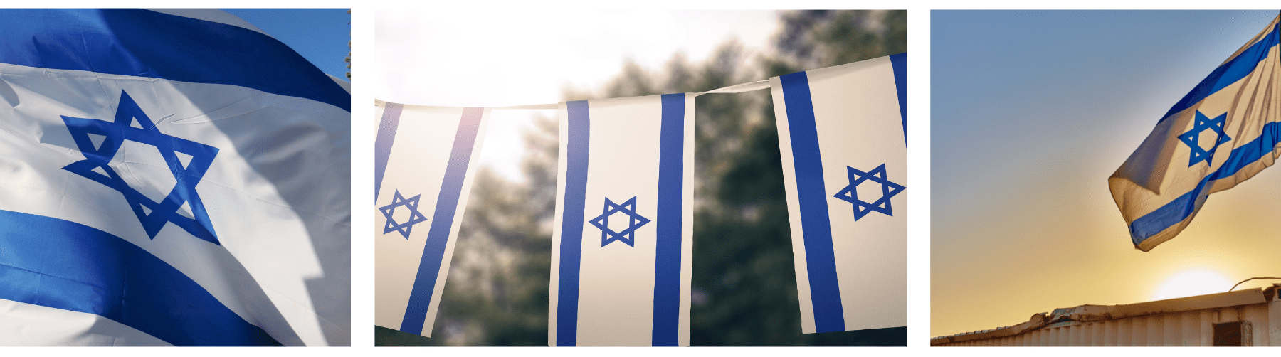 אוסף של שלוש תמונות של דגל ישראל, שרשרת דגלים ותמונה נוספת של הדגל בקלוז אפ