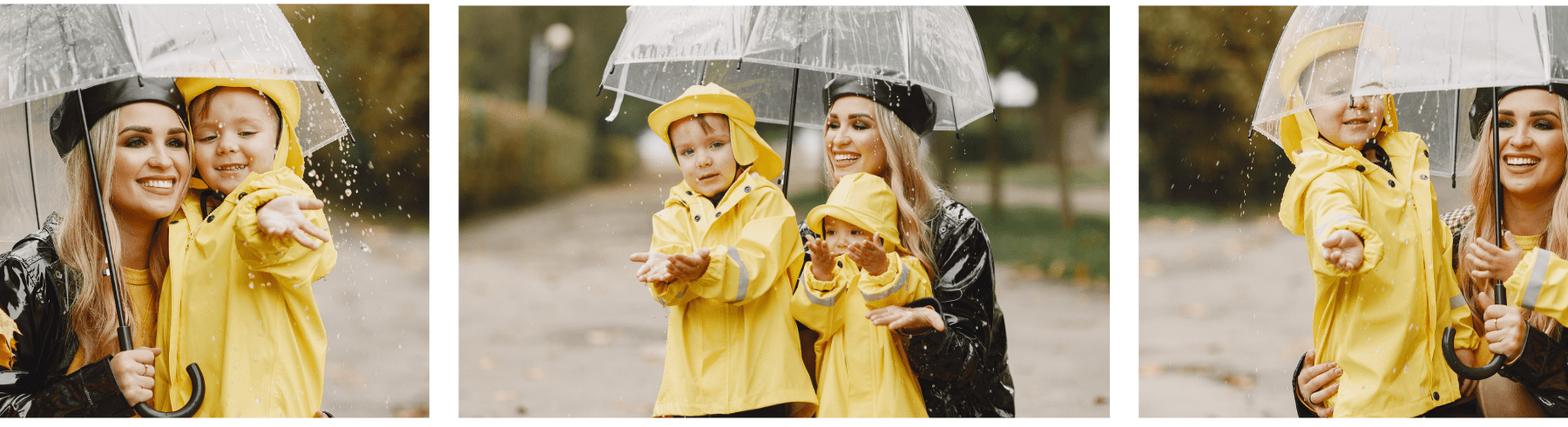 אוסף שלוש תמונות של אמא עם ילדים שמחזיקה מטריה ענקית בגשם, האם והילדים אשר לובשים מעילי גשם בחוץ
