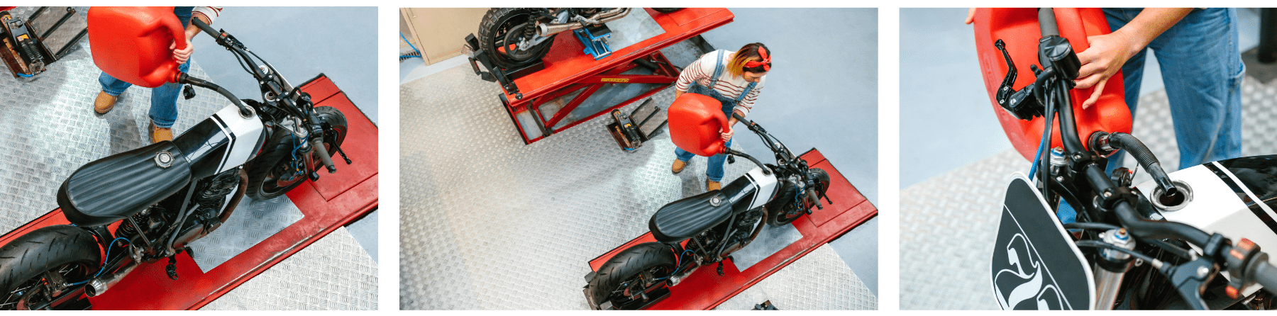 אוסף של שלוש תמונות של אישה מכונאית במוסך, האישה אוחזת מיכל דלק / ג'ריקן בצבע אדום ומתדלקת איתו אופנוע