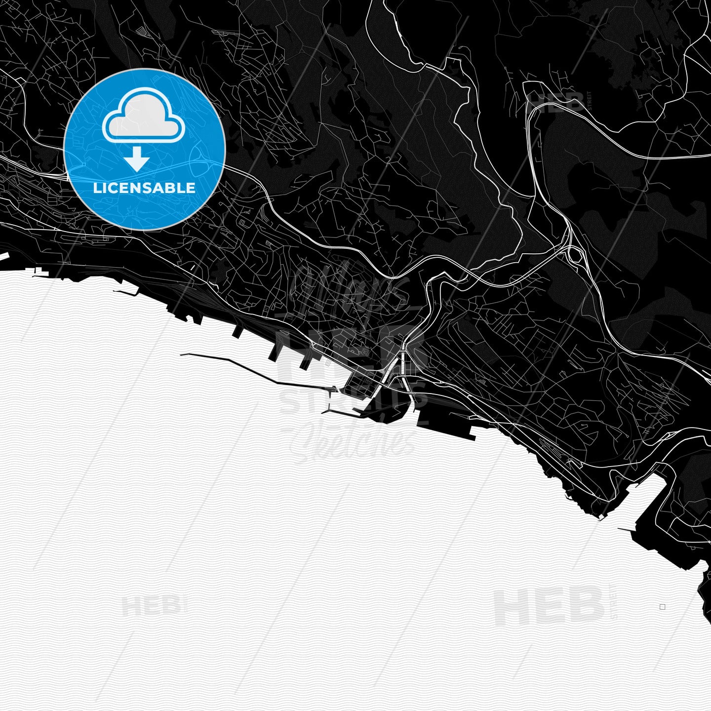 Rijeka, Croatia PDF vector map black and white - HEBSTREITS