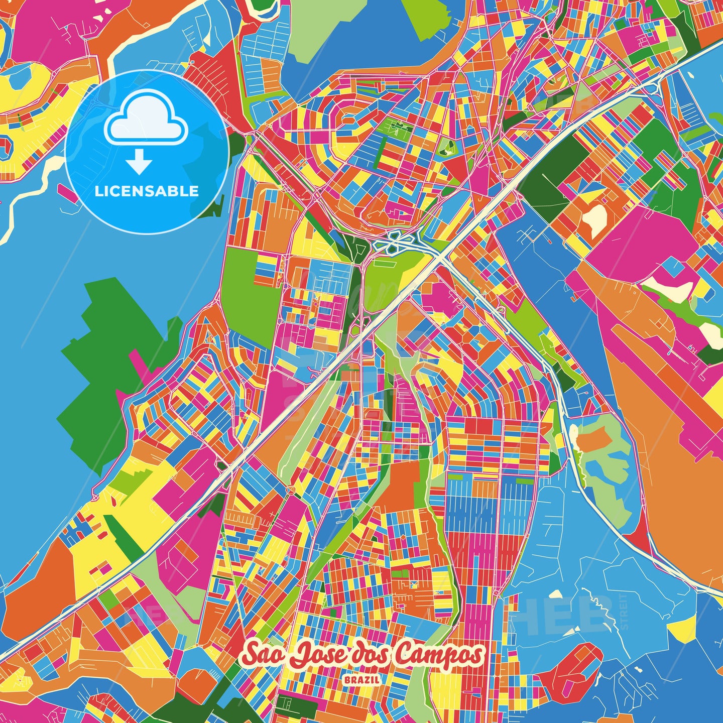 Sao Jose Dos Campos Brazil Crazy Colorful Street Map Poster Template Hebstreits 0170
