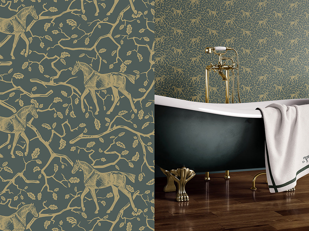 Horse art and toile wallpaper from equine artist available in deep green earth