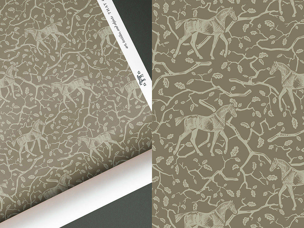 Horse art and toile wallpaper from equine artist available in green clay