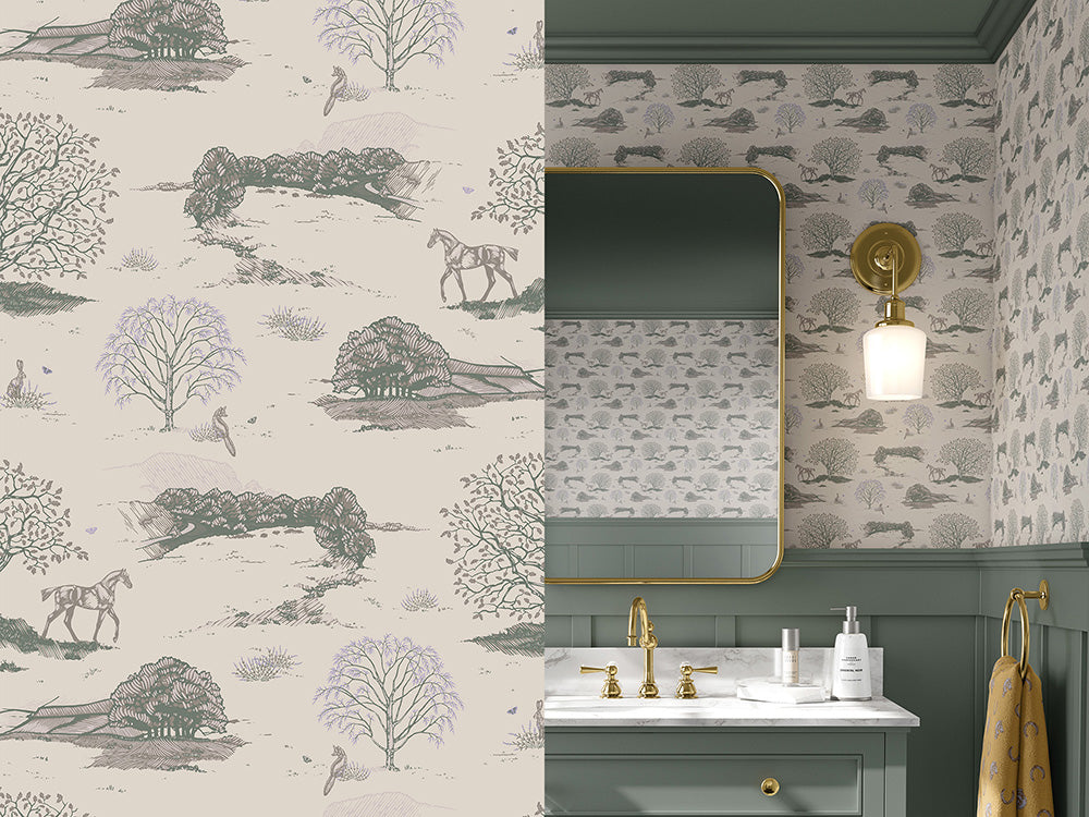 Horse art and toile de Jouy wallpaper from equine artist available in warm grey