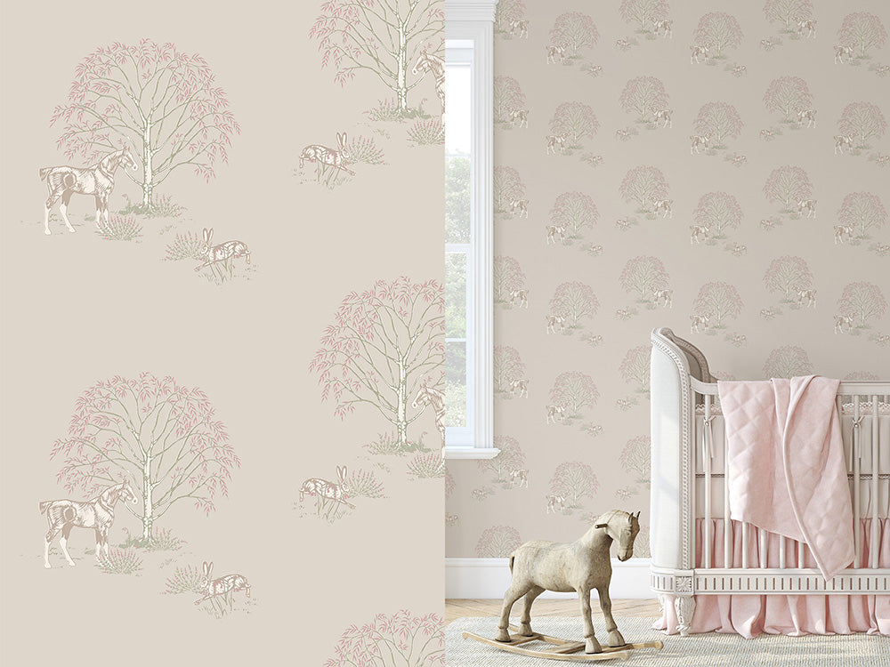 Horse art and toile wallpaper from equine artist available in warm grey