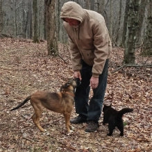 Bob on a woods walk with Lucky and Tess. 