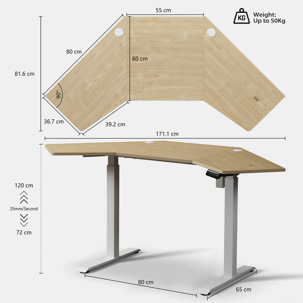 KOWO corner l-shaped corner standing desk dimensions and size