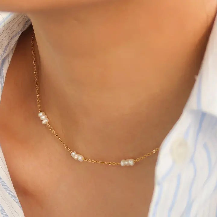 18K Non-Tarnish Petite Pearl Chokers - Yellow Gold