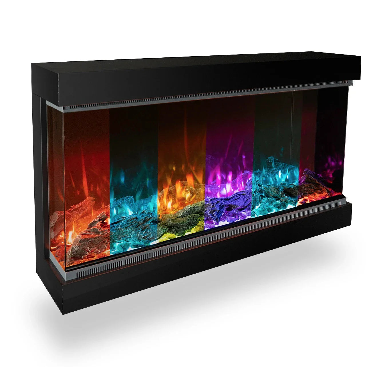 A stylish Planika Fireplace Electric LED Astro Wall Mounted with design flexibility and vibrant, 3D LED technology that creates colorful flames.