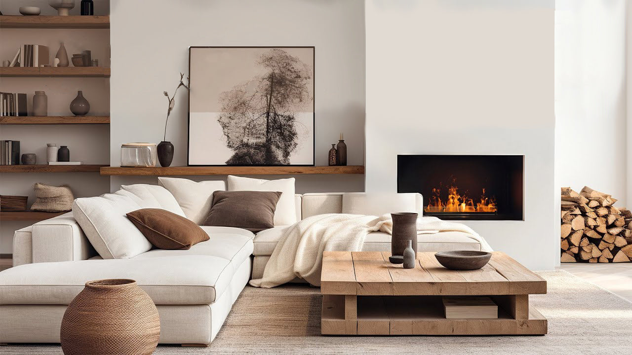 Spacio Interior Styling team styles modern luxury interiors with Planika Water Vapour Fireplace Optimyst technology.