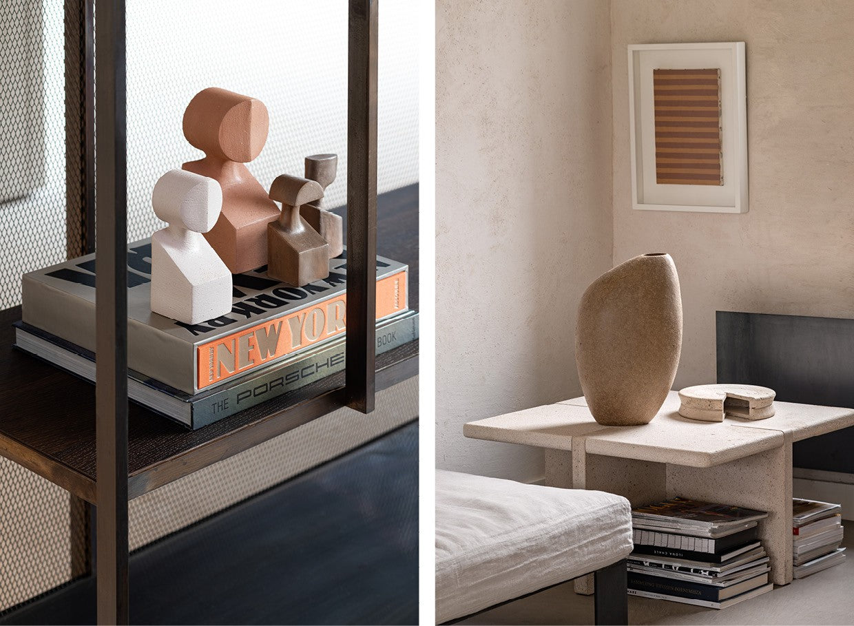 Gardeco Muses Collection on a book shelf and Form Follows Function Vase