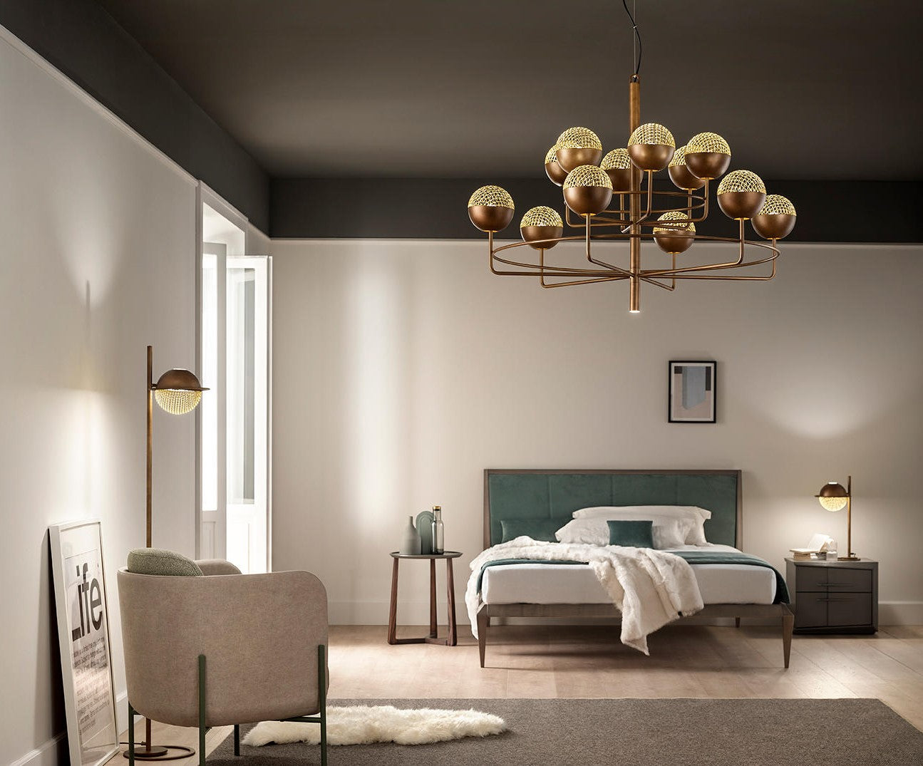 Iglu Luxury Chandelier from Masiero, Italy in a Bedroom warm interior with the floor lamp available at Spacio India for luxury home decor collection of Decorative Lighting