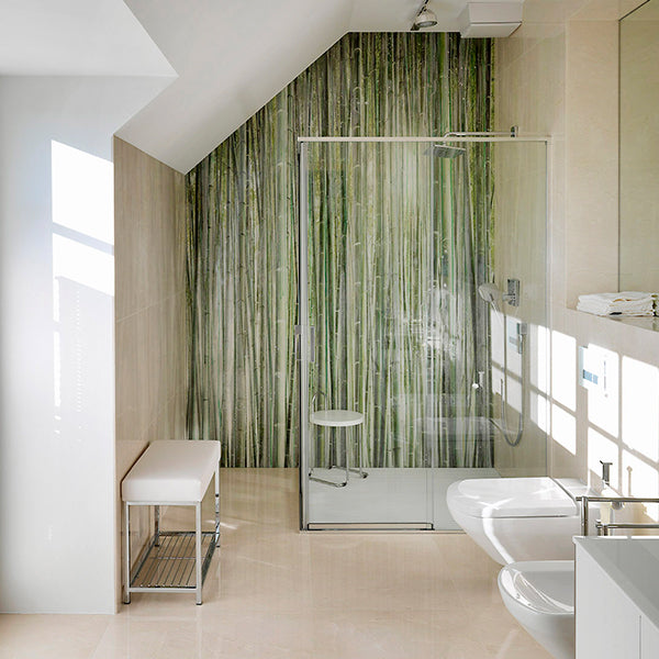 An elegantly designed bathroom with Alex Turco Organic Bamboo Jungle in Green art panels, featuring a shower and a toilet.