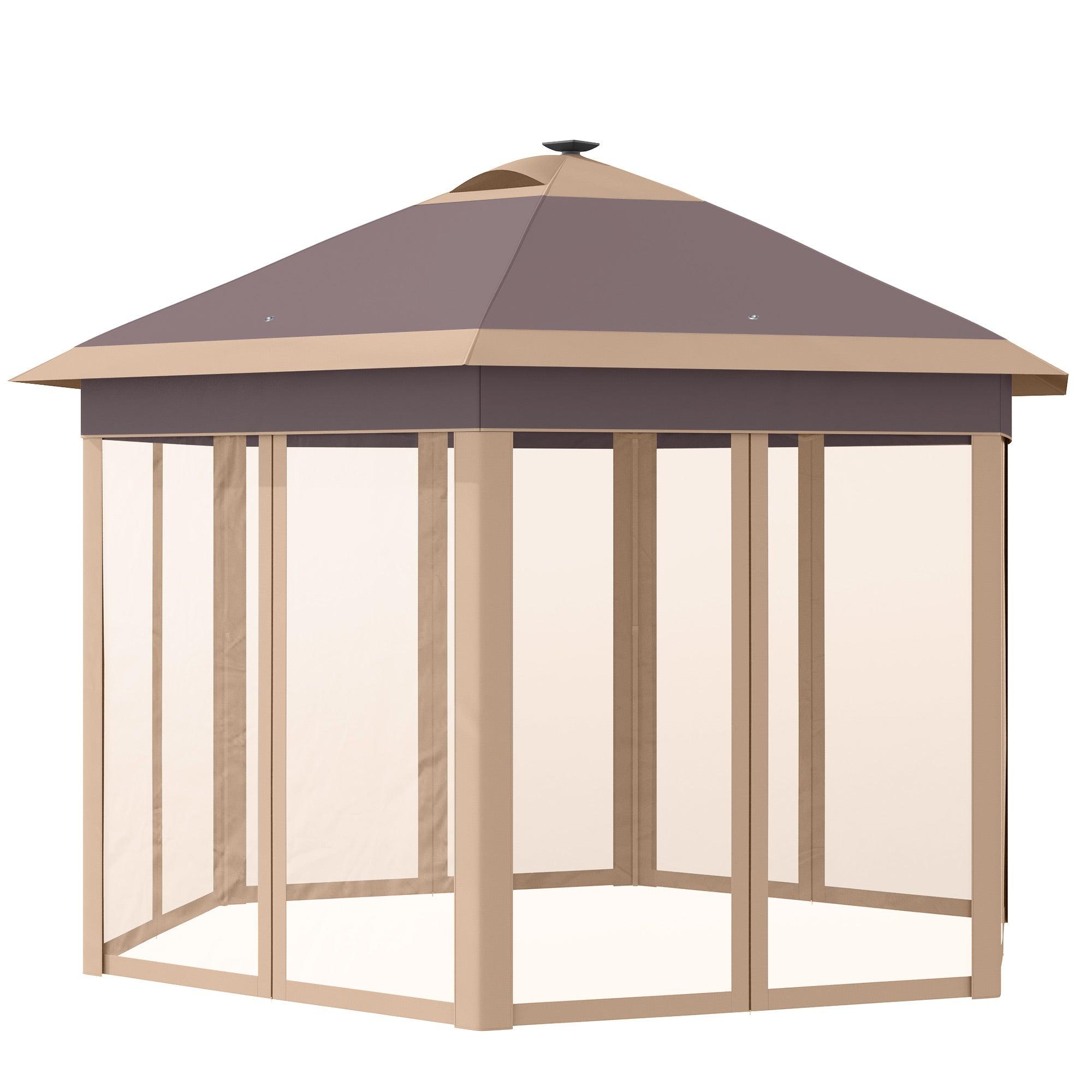 13' x 11' Pop Up Gazebo Tent, Hexagonal Canopy w/ Solar LED Light, Remote Control, Mesh Netting, Height Adjustable, Top Vents and Carrying- Beige
