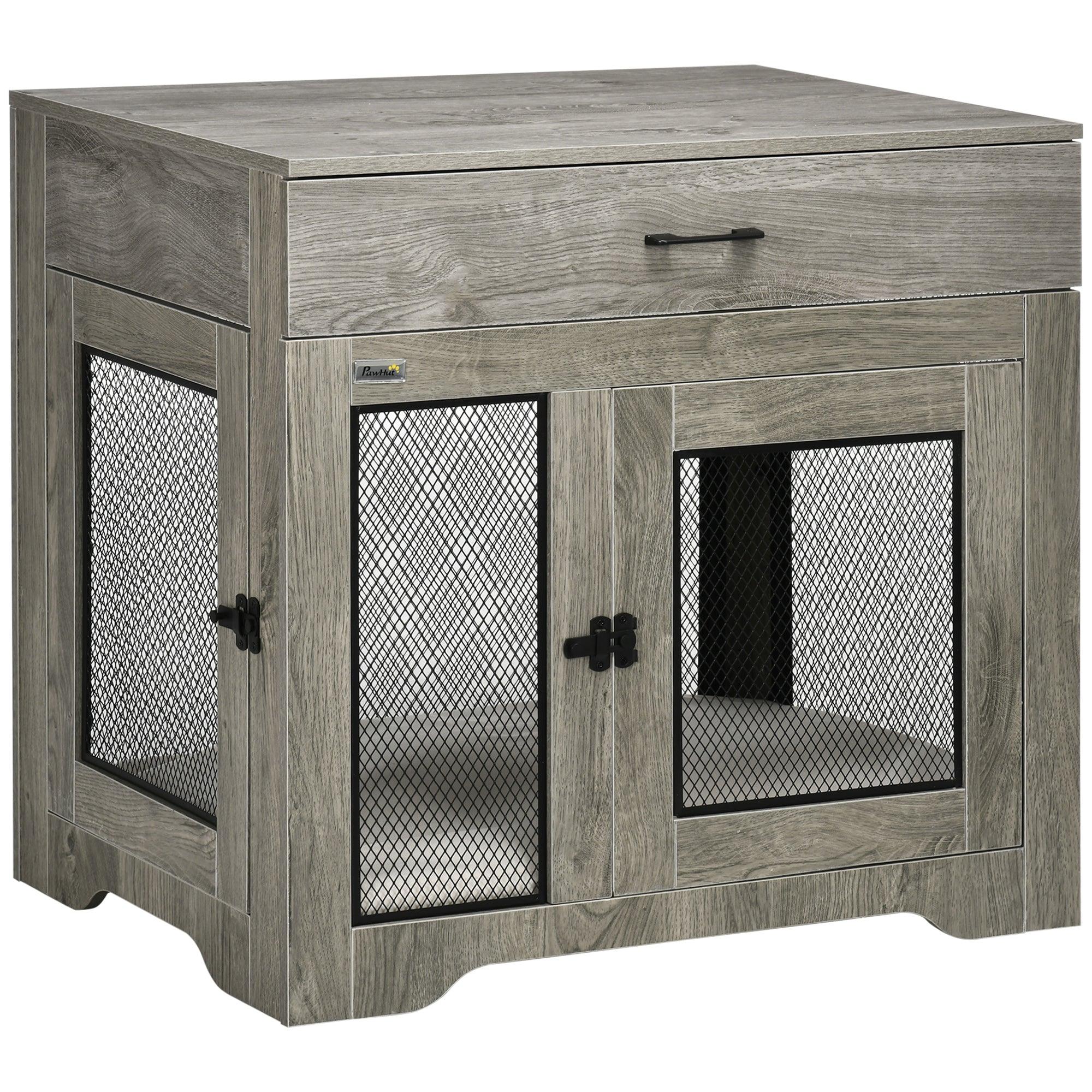 Dog Crate Furniture with Soft Water-Resistant Cushion, Dog Crate End Table with Drawer & 2 Doors, Puppy Crate for Small Dogs, Gray