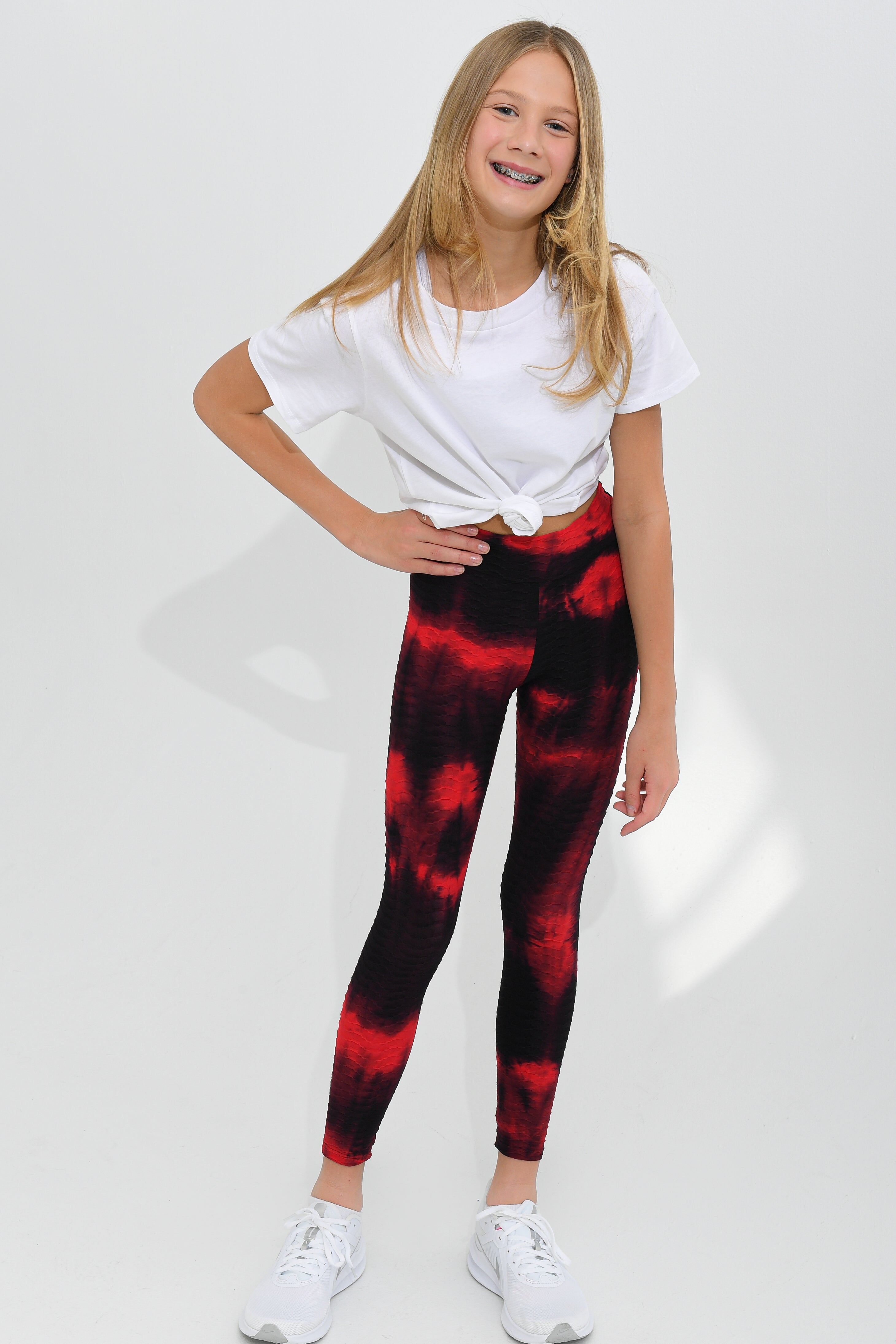 Kids Brushed Poly Leggings, Red Roses on Black 