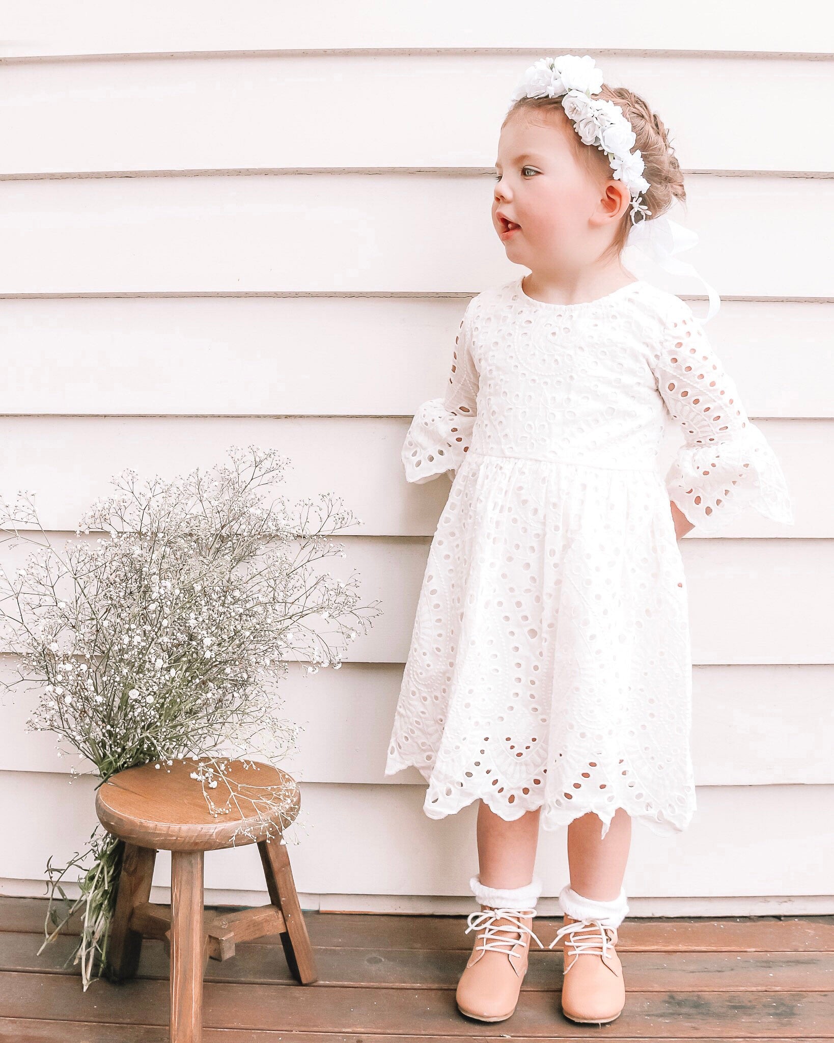 Girls White Elizabeth Broderie Anglaise Flower Girl Dress