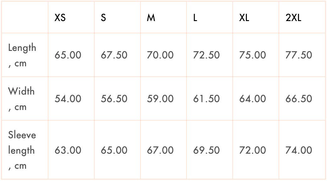 Bonji Bomber Jacket Sizing chart