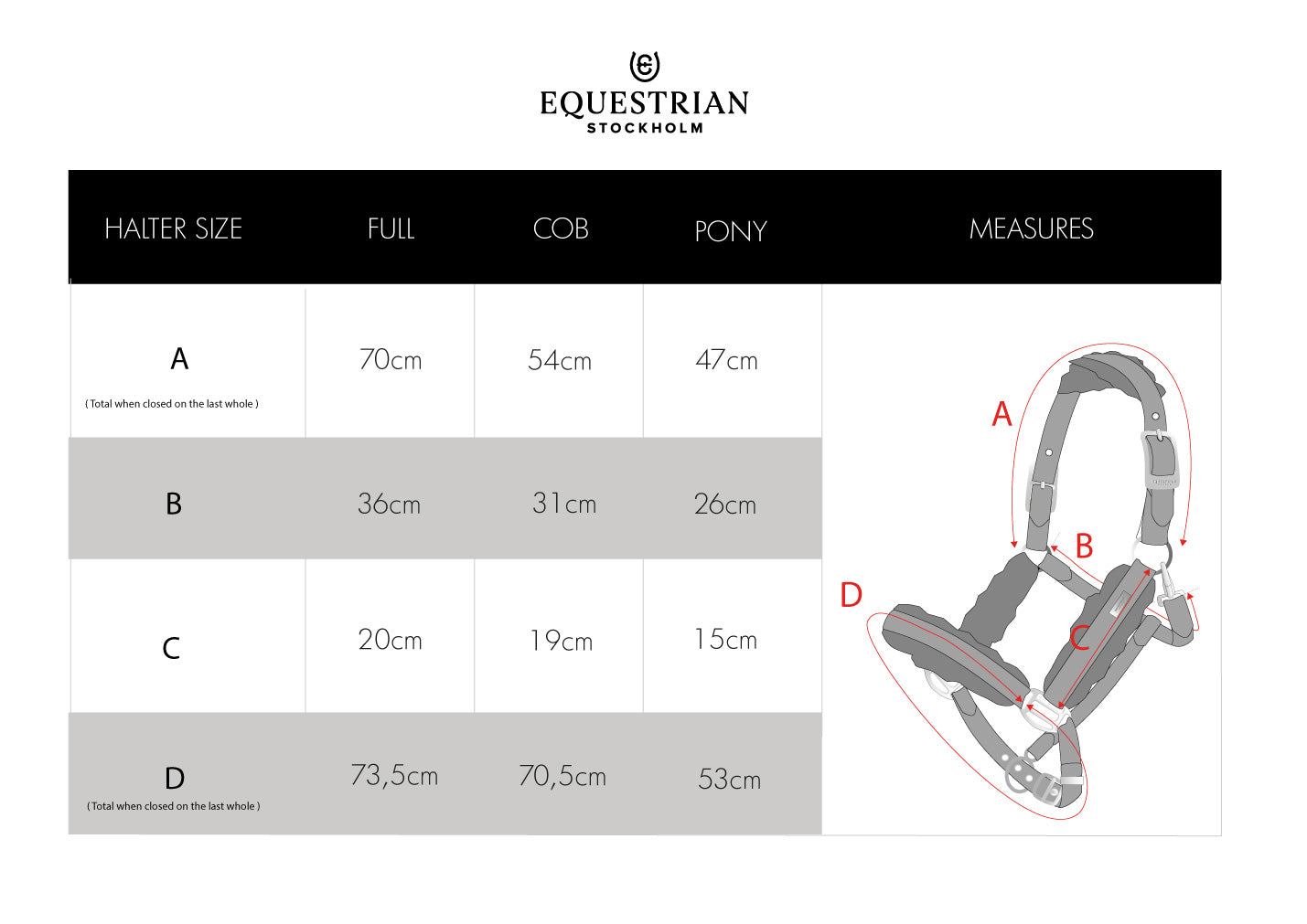 equestrian stockholm headcollar size guide