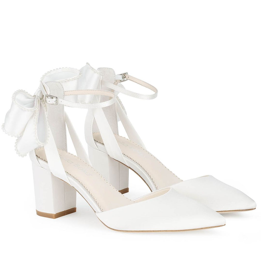 Ivory Block Heel Wedding Shoes with Asymmetrical Bow - Zoya