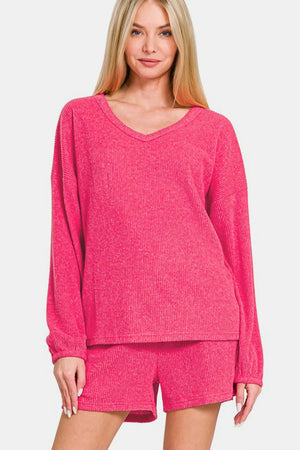 Brushed Ribbed Hacci V-Neck Long Sleeve Tee & Shorts Set / FUCHSIA - Z Clothing Co.