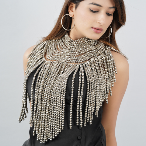 Silver Color Beaded Neckpiece - 'MOLA' Cape