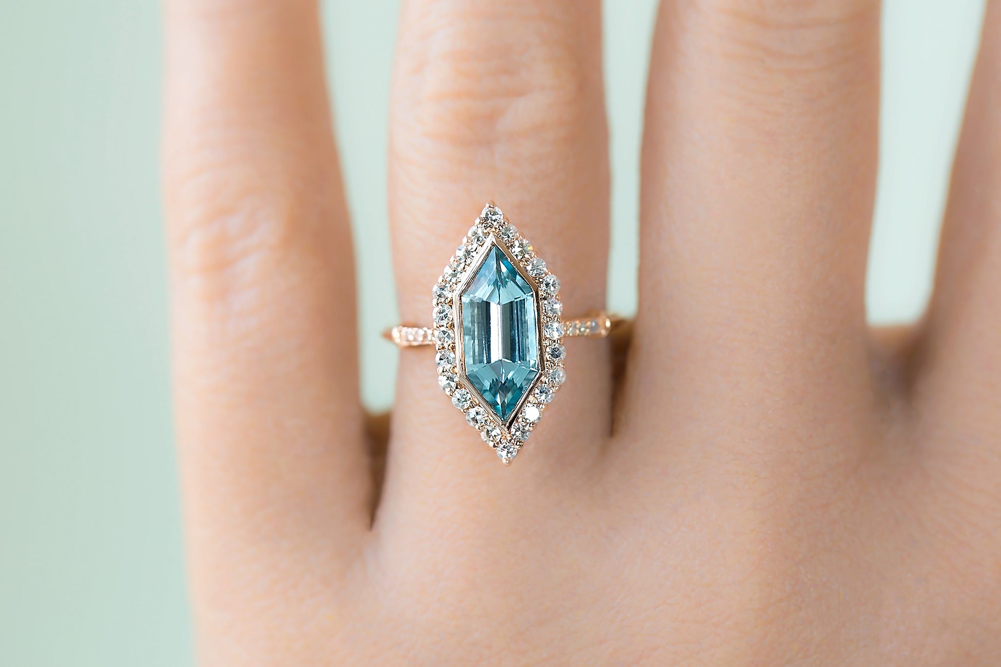 Natural Aquamarine Elongated Hexagon Frame Ring