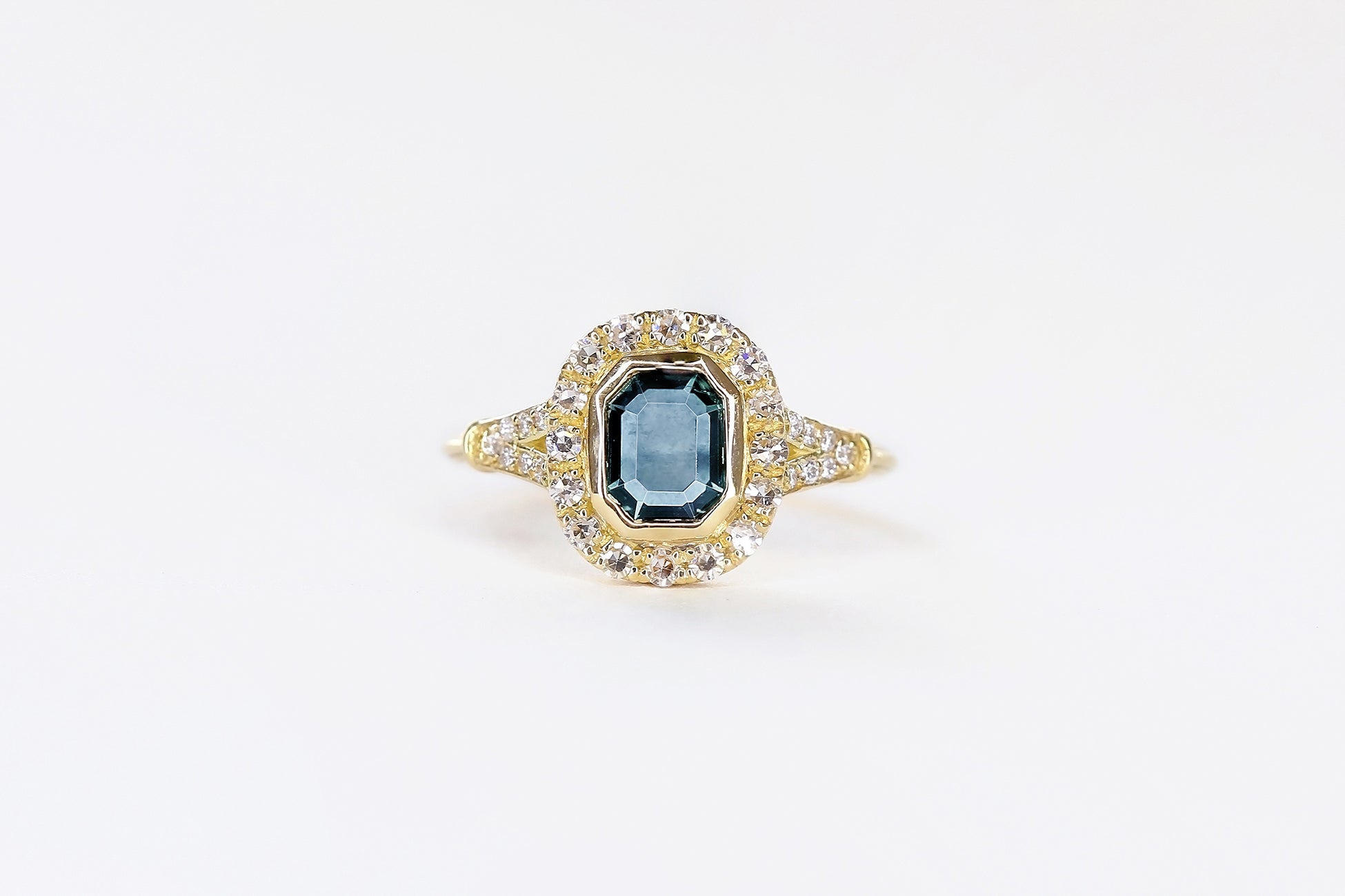 Portrait Cut Montana Sapphire Diamond Frame Ring