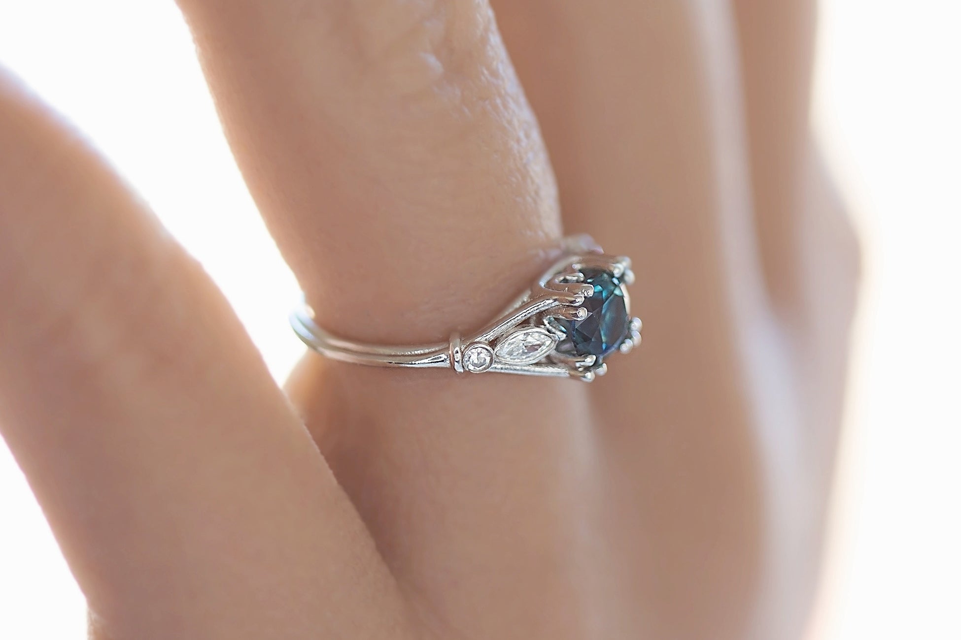 Recycled Platinum Wisping Teal Montana Sapphire Ring
