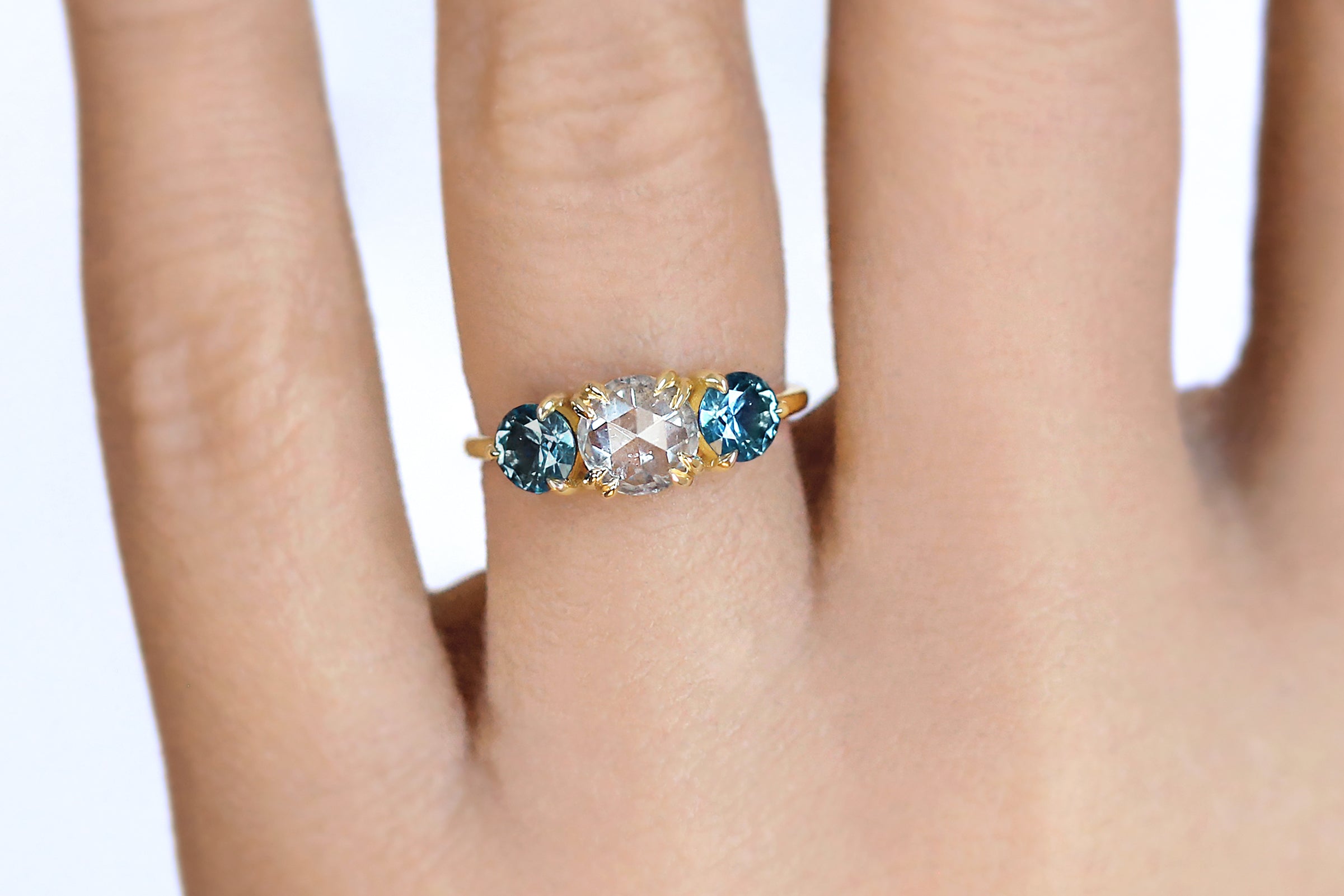 Rose Cut Diamond & Teal Montana Sapphire Three Stone Ring