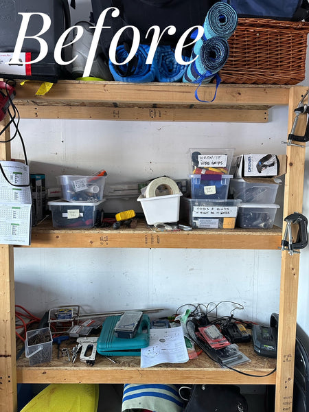 Before image of cluttered garage shelf