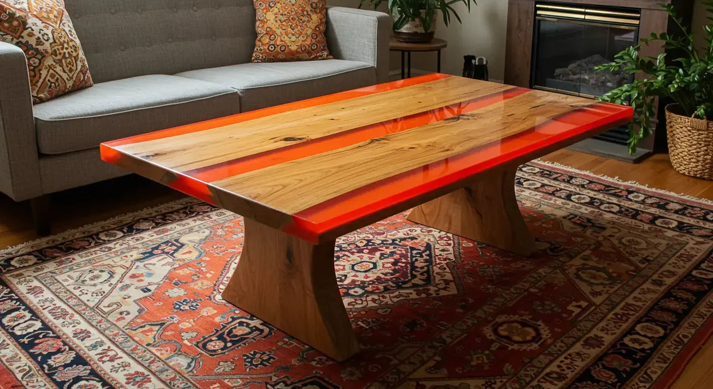 A finished orange epoxy resin and wood table styled in a living room with natural light, rugs, plants, and warm tones—showcasing its bright, energetic presence.