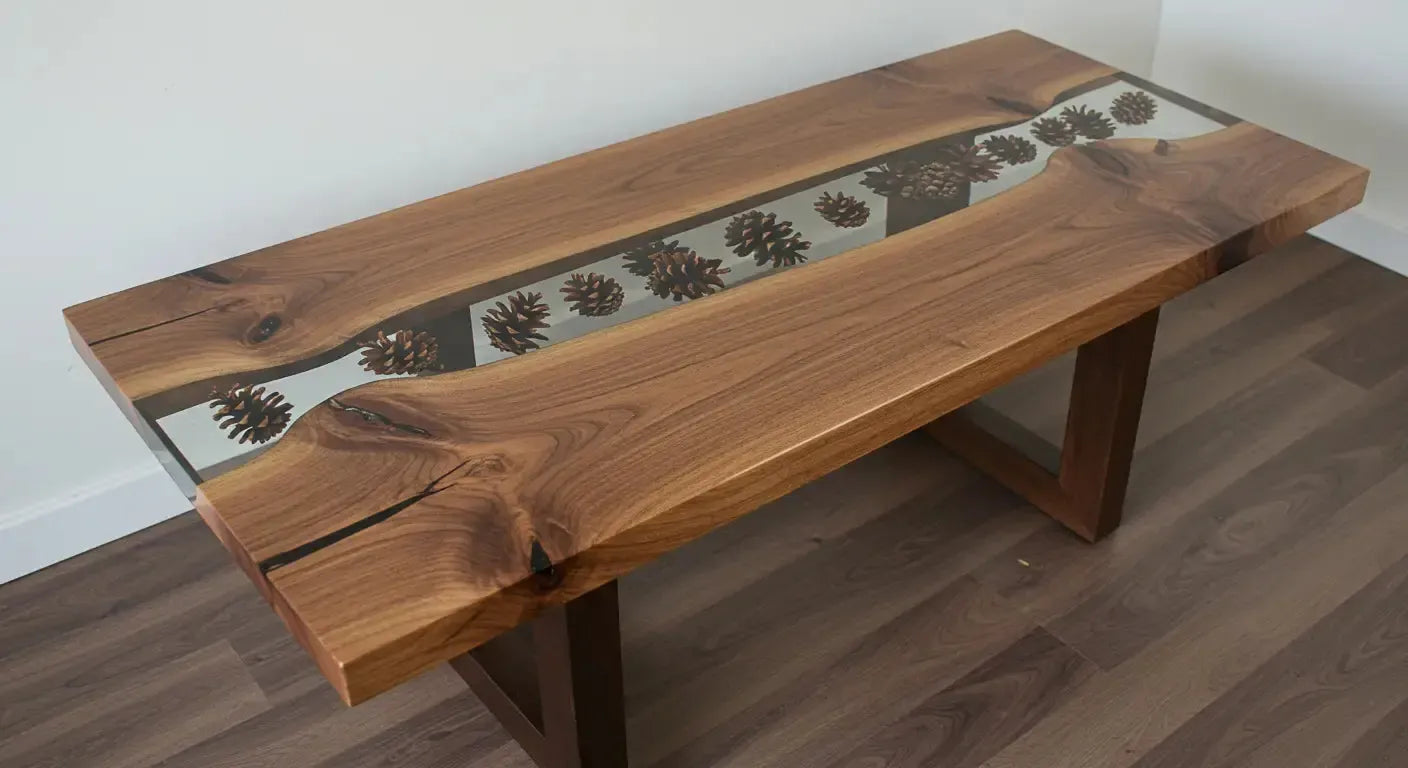 Fully finished rectangular resin and walnut table featuring embedded pine cones randomly throughout the resin.