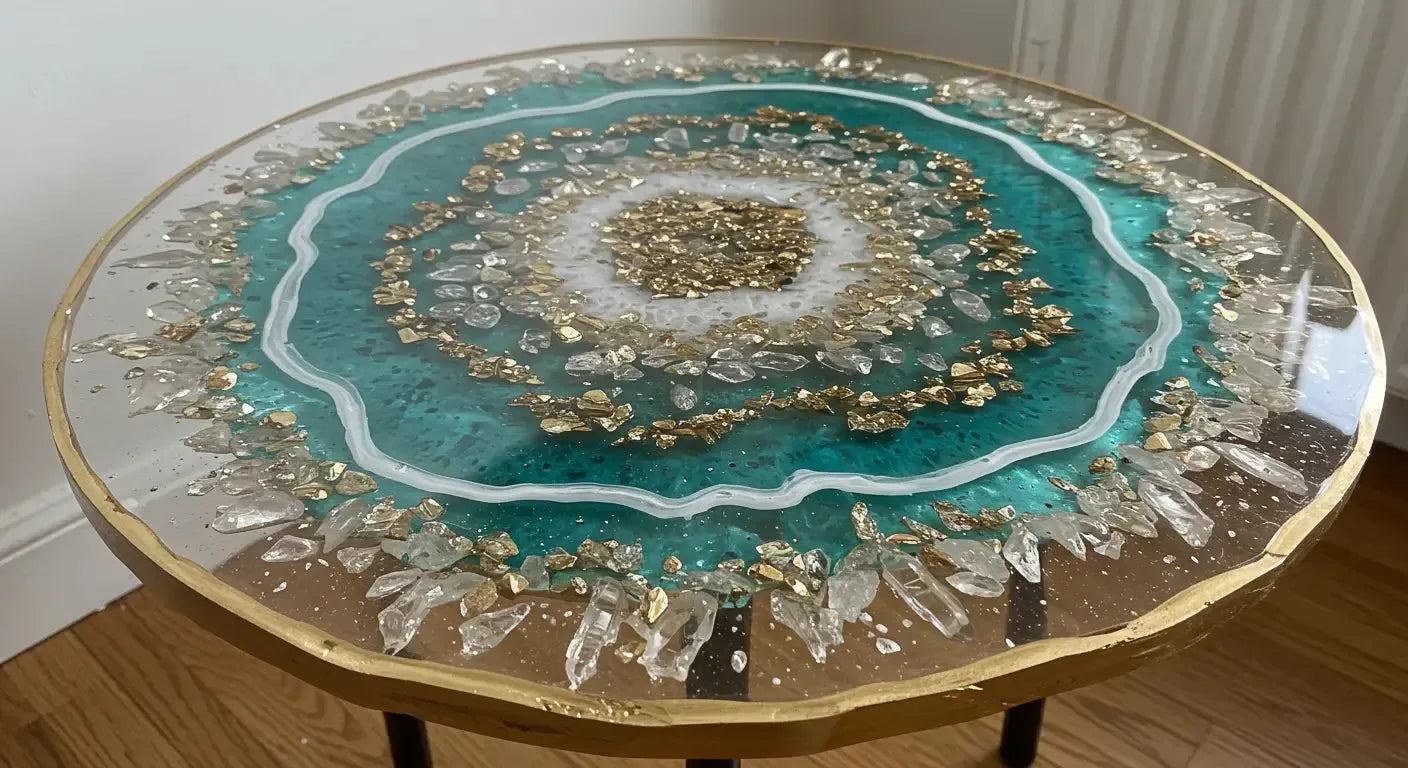 Finished resin tabletop that resembles a geode slice—clear, shimmering resin with embedded quartz chips, polished to a glassy finish. Modern and earthy blend.