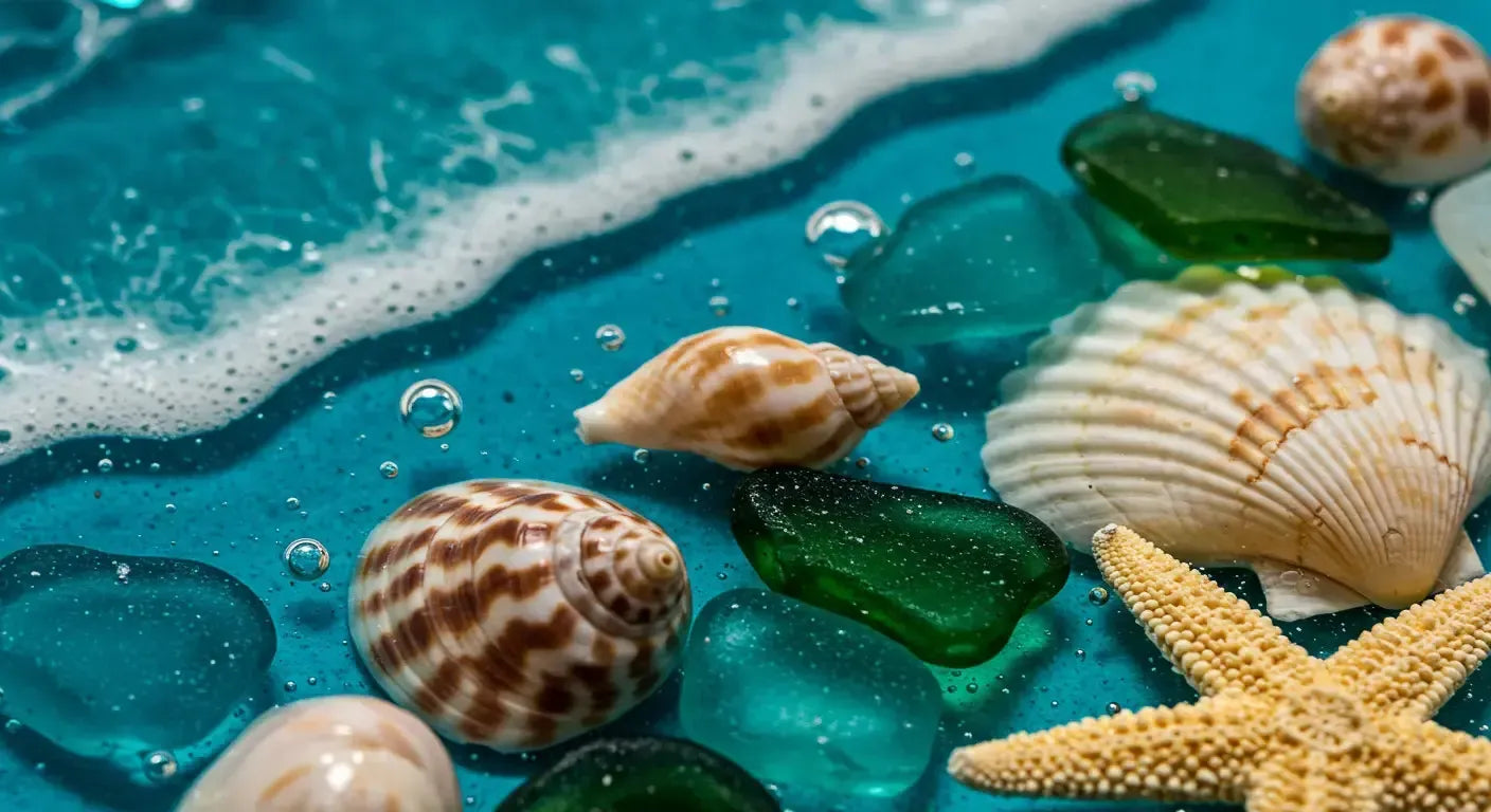 Macro shot of seashells and sea glass embedded in crystal-clear resin. Bubbles-free, oceanic tones with realistic textures, glossy surface reflection.