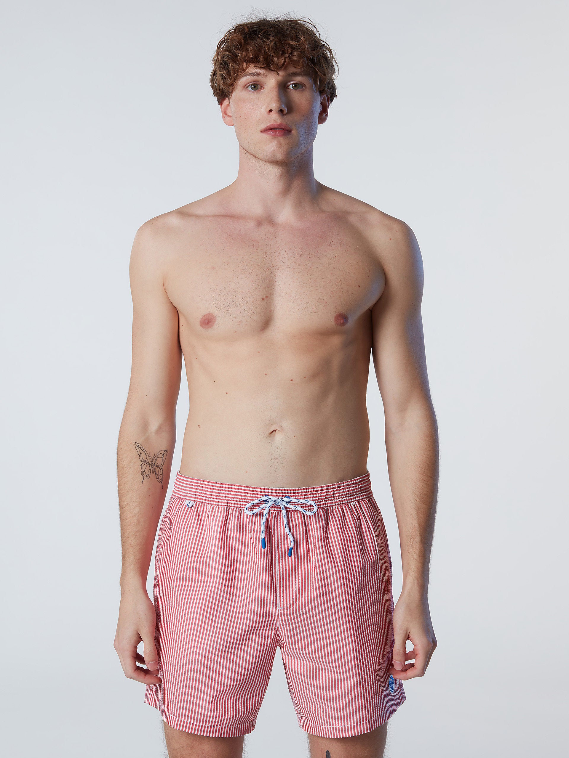 Striped print fabric swim trunks