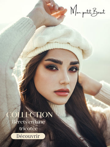 belle femme aux cheveux bruns portant un béret en laine tricotée blanc cassé - incitation à découvrir la collection béret en laine tricoté Mon Petit béret