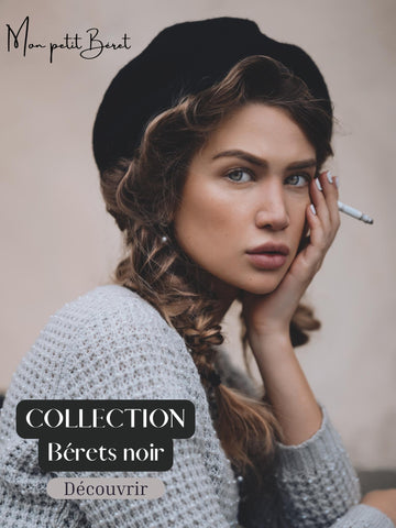 jolie femme ayant une cigarette à la main et portant un béret noir - incitation à découvrir la collection de béret noir Mon petit béret