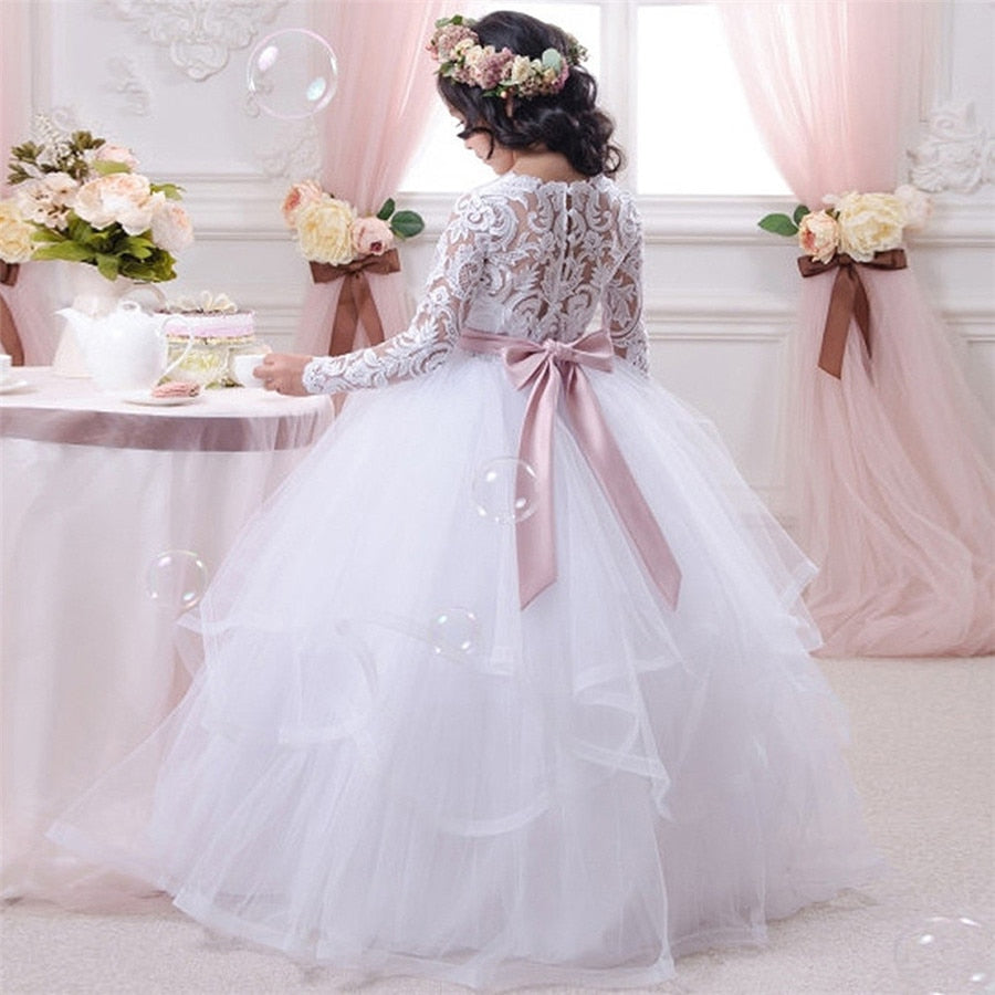Buy Flower Girls First Communion Dress Lace Rhinestone Waist Kids Princess  Wedding Bridesmaid Floor Length Layered Puffy Tulle Dresses Pageant  Birthday Formal Evening Long Sleeve Maxi Prom Party Ball Gown Online at