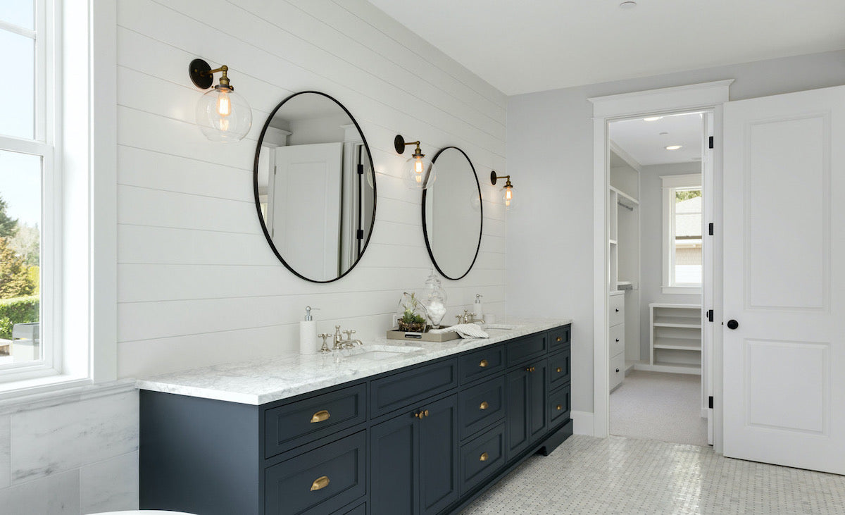 Nickle gap planks installed on bathroom walls