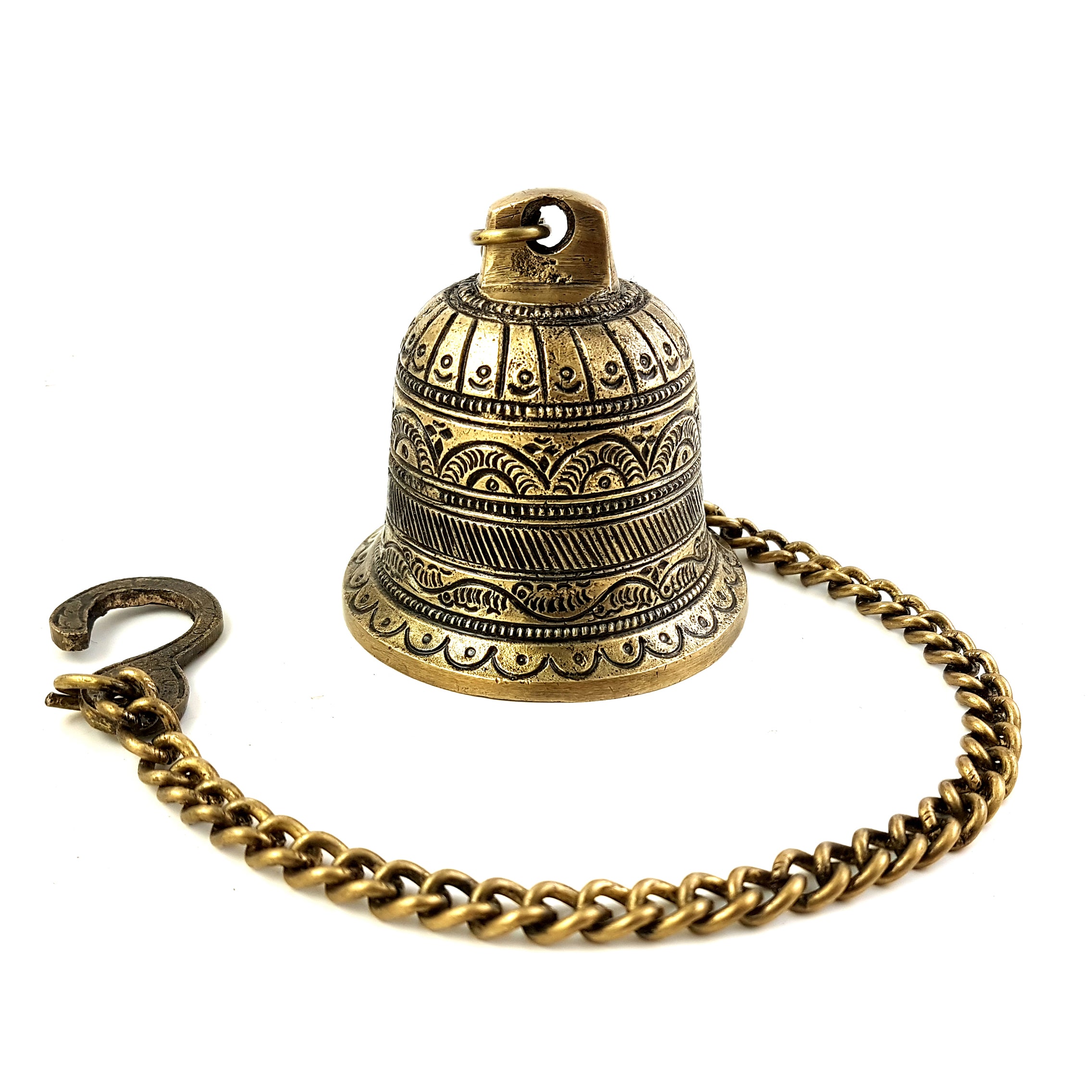 Indian traditional Brass Hanging Bell With Chain for Home & Temple Golden 