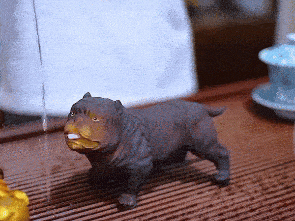 An animated GIF shows a tea pet in the shape of a puppy changing color after being poured with hot water.