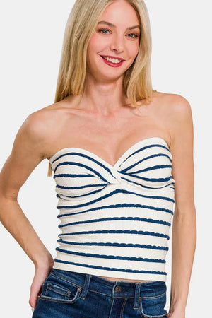 Zenana Twisted Sweetheart Neck Striped Tube Top - Ciao Beautiful