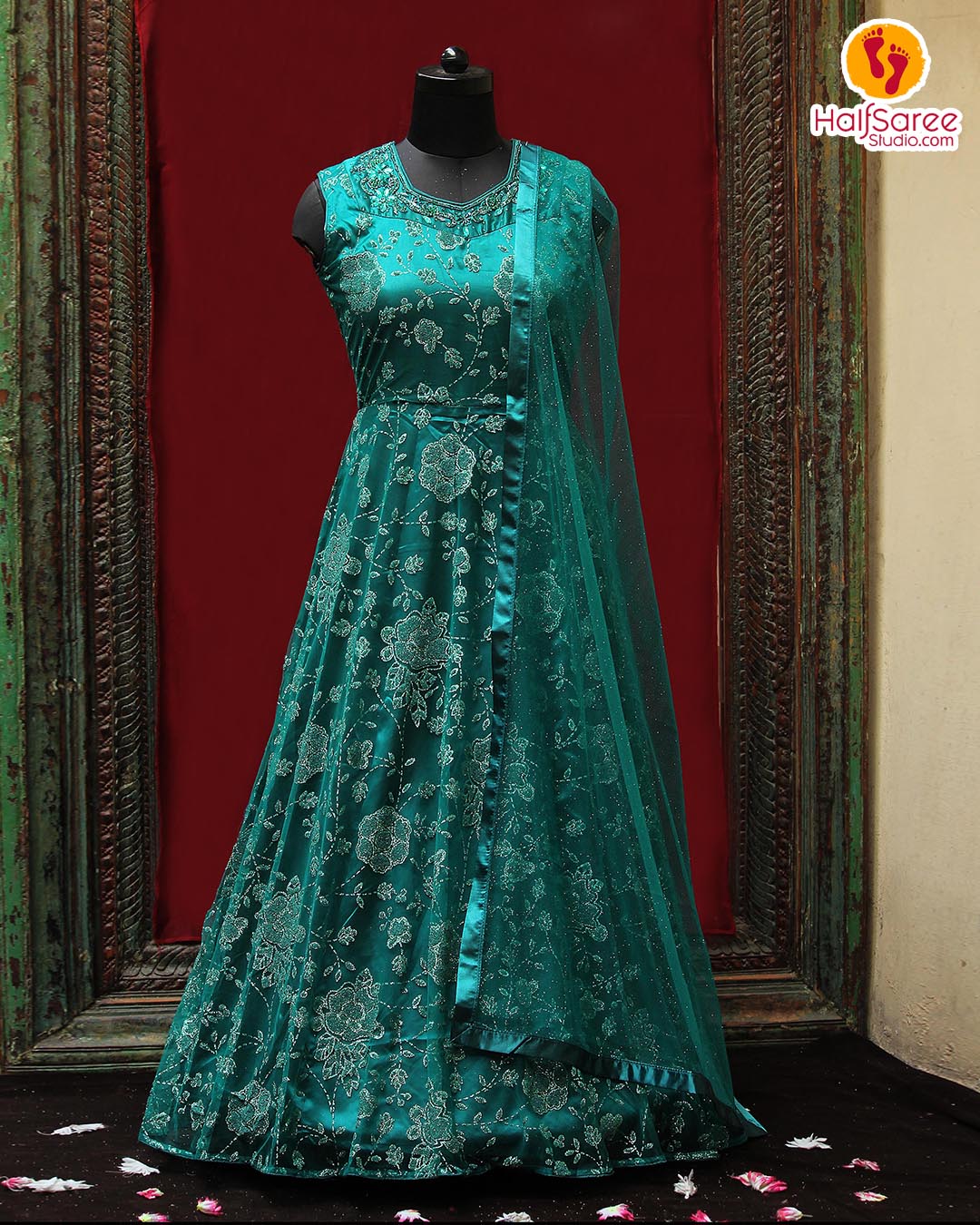 Buy Women Nave Blue Georgette Zari Work Gown | Appelle Fashion