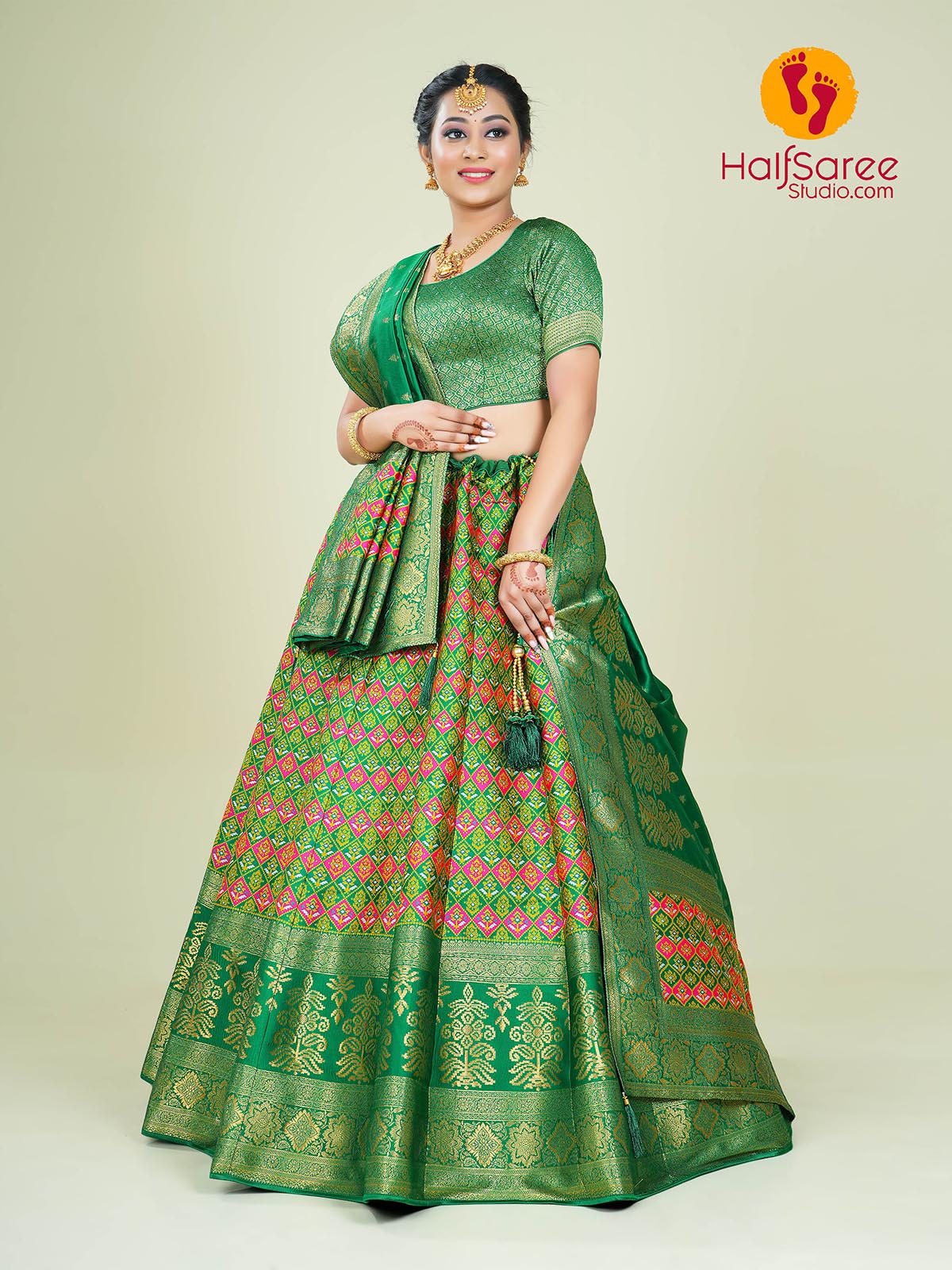 Pink and green half saree idea and blouse design | Half saree designs, Half  saree lehenga, Half saree